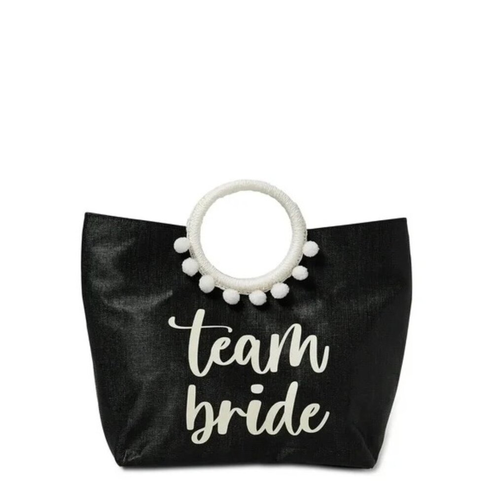 NWT Womens Team Bride Black & White Tote Bag Detachable Woven Ring‎ Handles Pom